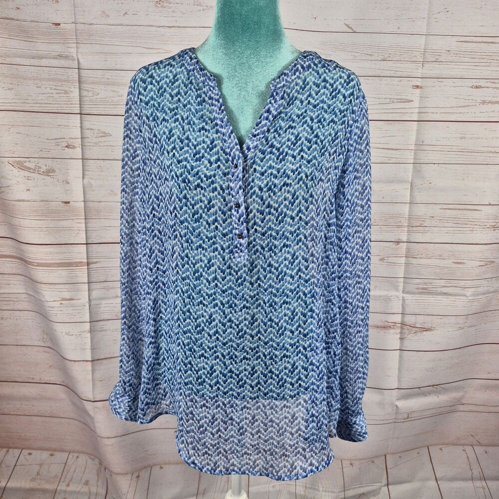 Liz Claiborne Women Blue Sheer Long Sleeve Henley Blouse Size L Coastal Beachy